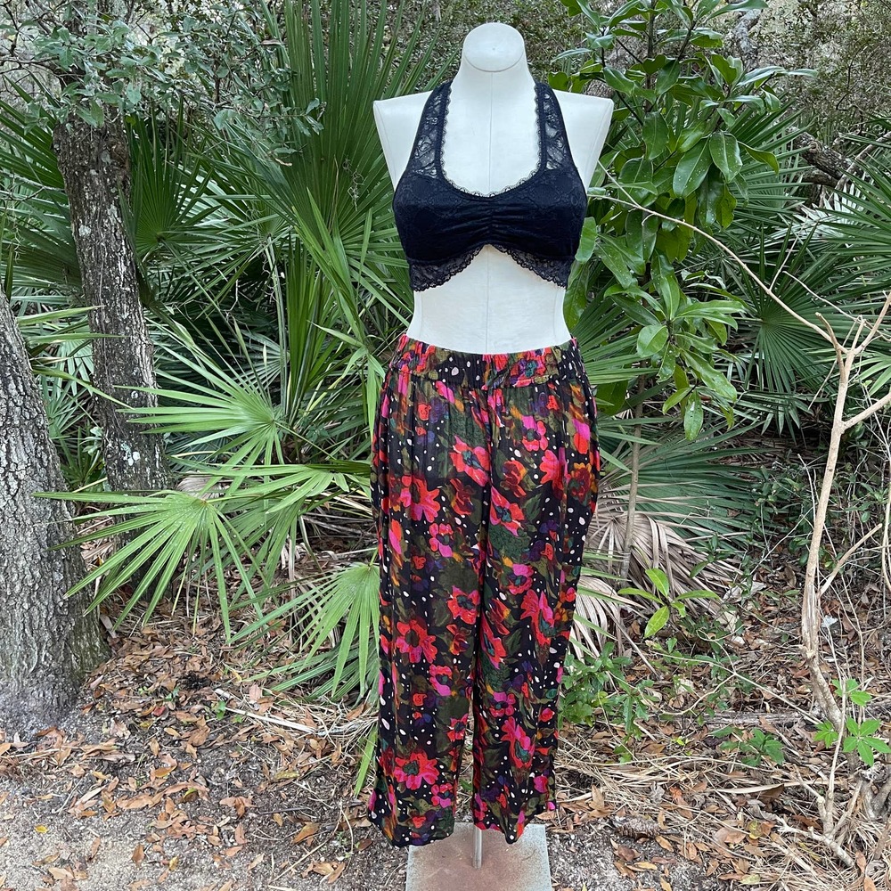 Vintage 90s Sheer Black Rayon Pants Floral and Polka Dot Print Passports Size M